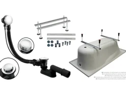 Bad Land Badewanne Eckwanne AVITA 170x75 Rechts + Acrylschürze + Bambus Badewannenablage + Kopfstütze KODI Ablauf Füße