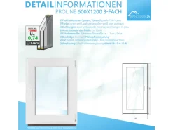 Framelux Kunststofffenster Proline Anthrazit 3-Fach Verglasung 600 x 1200 mm Linksanschlag