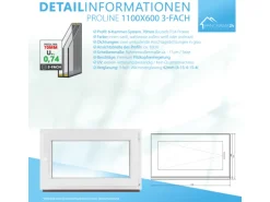 Framelux Kunststofffenster Proline Anthrazit 3-Fach Verglasung 1100 x 600 mm Linksanschlag
